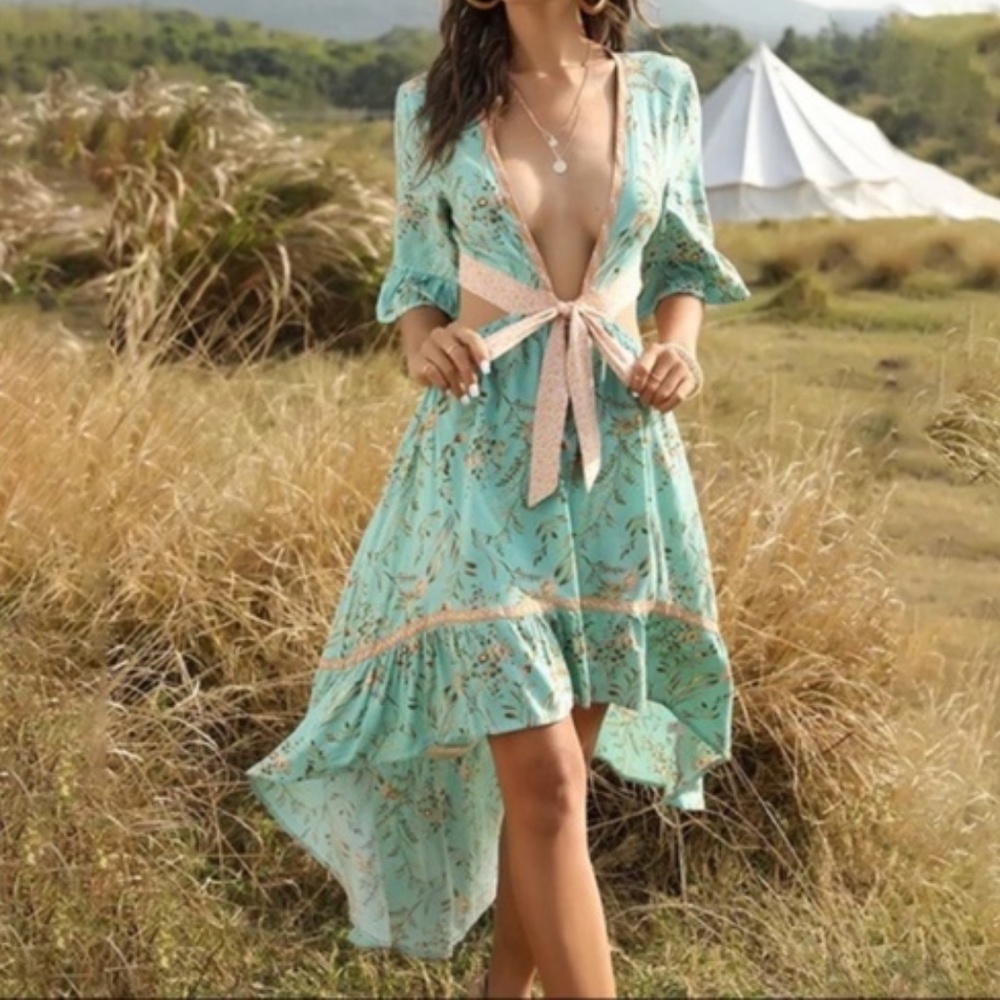 Boho Mint Floral Print High Low Cut Out Ruffle Midi Dress